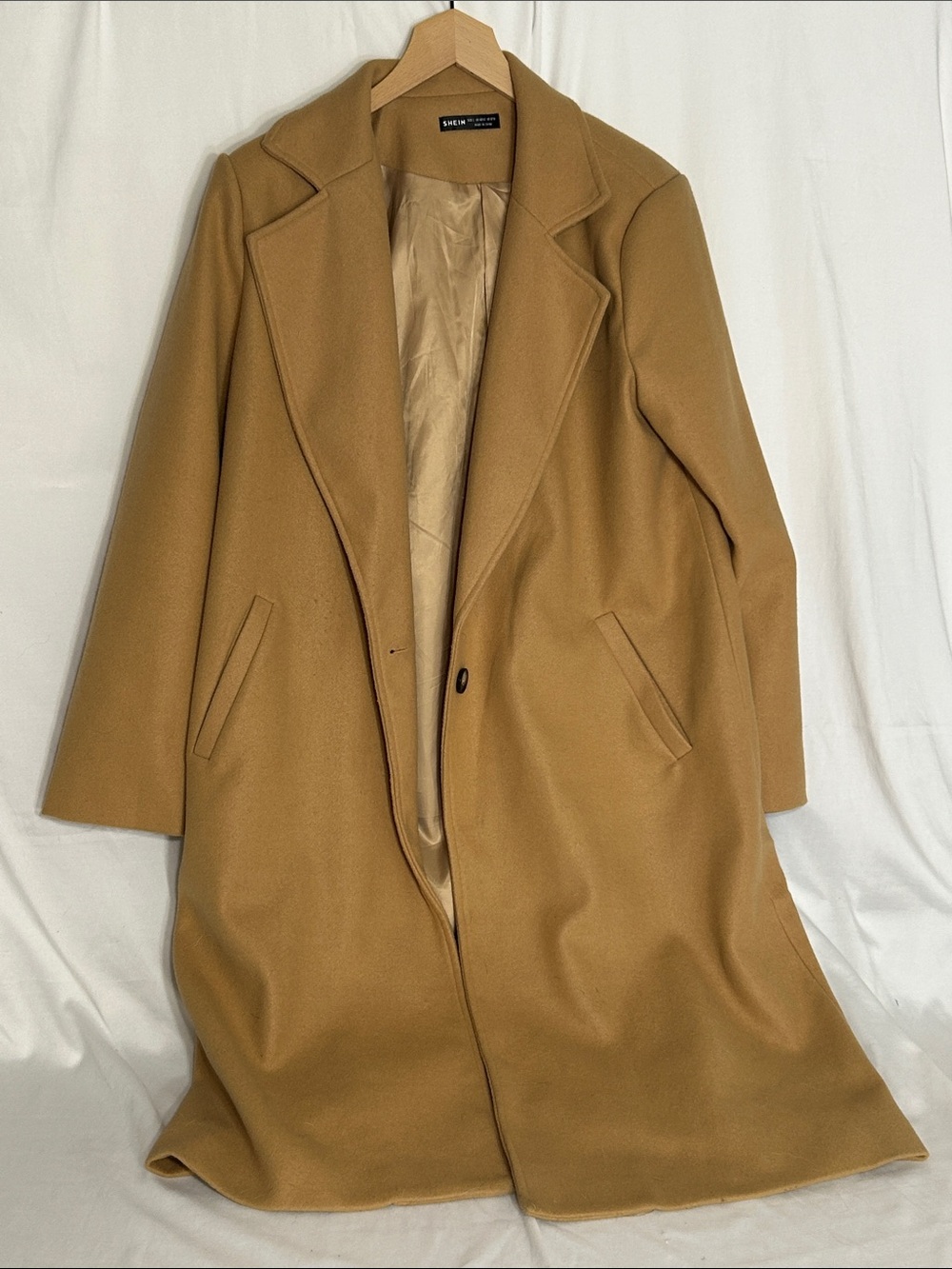 SHEIN Camel Single-Button Long Pea Coat